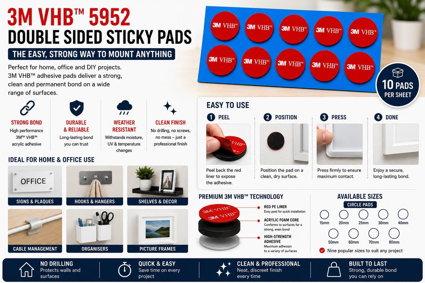 3M VHB 5952 black double sided sticky pads ideal for mounting signs, cable clips, organisers, picture frames, hooks, decorative panels and office accessories without drilling.