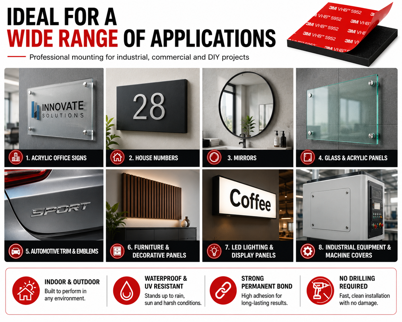 An infographic banner showcasing 3M mounting strips in use across various applications like acrylic office signs, house numbers, mirrors, glass panels, automotive trim, furniture panels, LED lighting, and industrial equipment. The top right corner features a 3D rendering of a red 3M adhesive pad on a black backing, and the bottom row lists key benefits such as indoor/outdoor use, waterproof resistance, and strong permanent bonding.