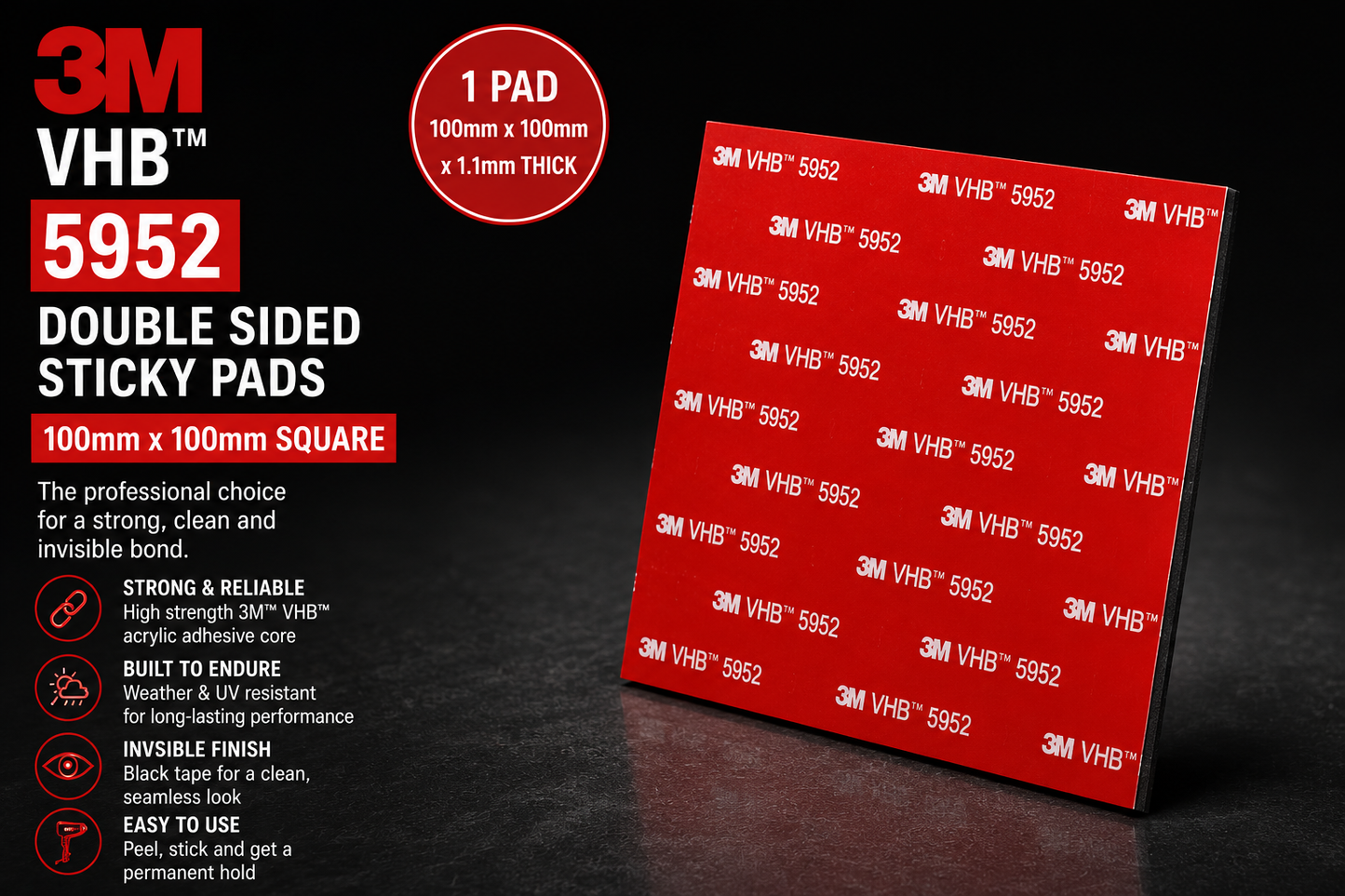 A 3M VHB 5952 double sided sticky pad shown at an angle on a dark background, displaying its red adhesive surface with repeated 3M VHB 5952 branding. The left side features product text and icons detailing its 100m x 100m size, double-sided nature, and professional application benefits.