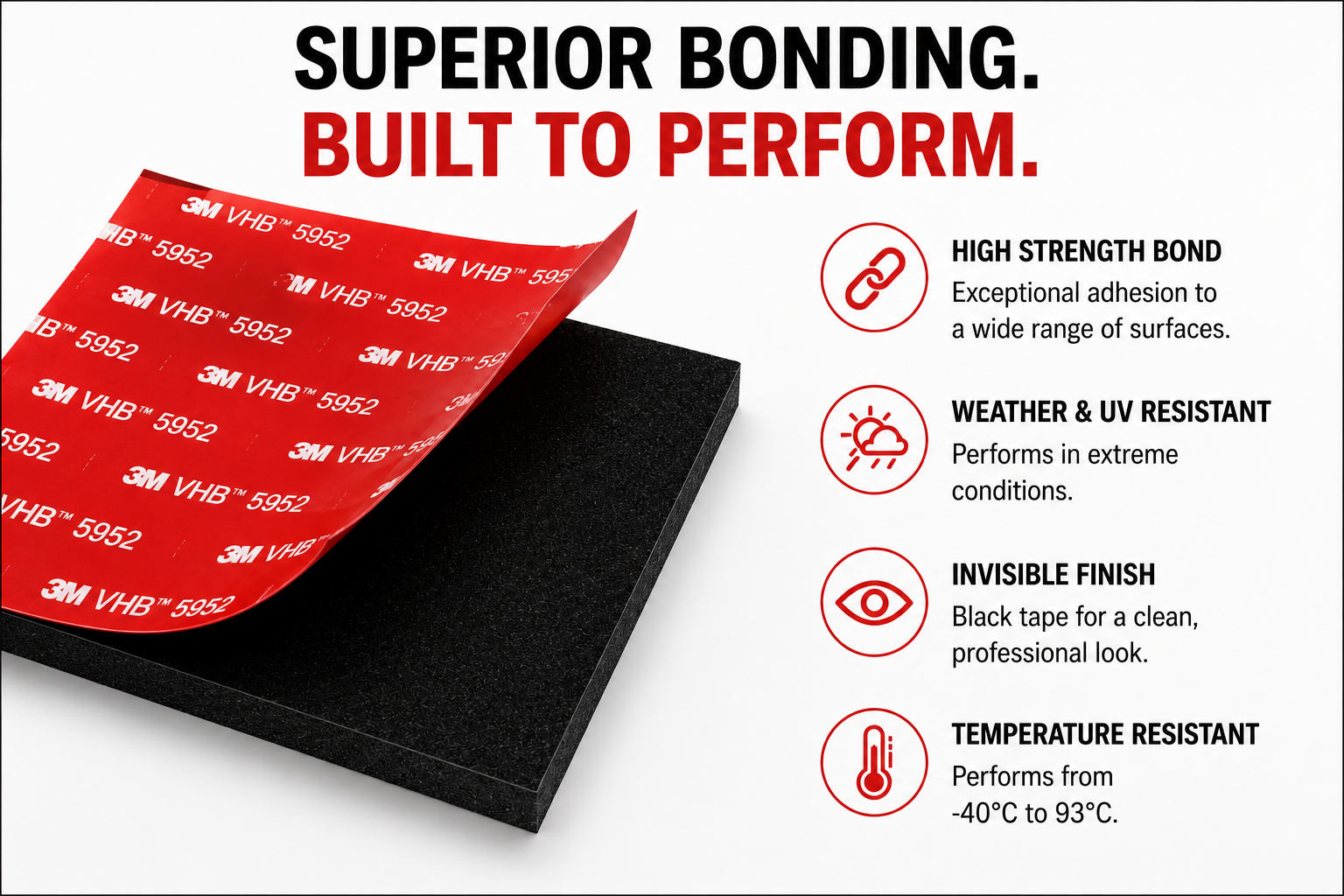 3M VHB 5952 black acrylic foam tape providing high strength bonding, weather resistance, invisible finish and long-lasting performance.