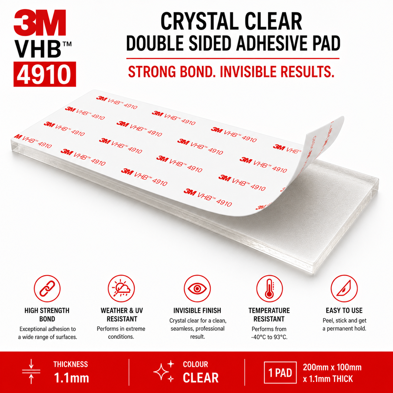 3M VHB 4910 clear acrylic adhesive pad 200mm x 100mm x 1.1mm with white release liner for strong double sided mounting.