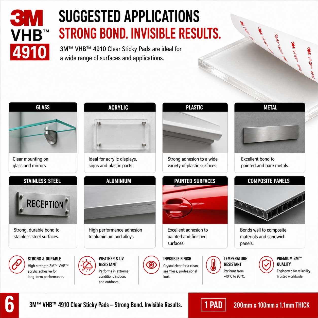Applications for 3M VHB 4910 clear adhesive pad on glass, acrylic, plastic, metal, stainless steel, aluminium, painted surfaces and composite panels.