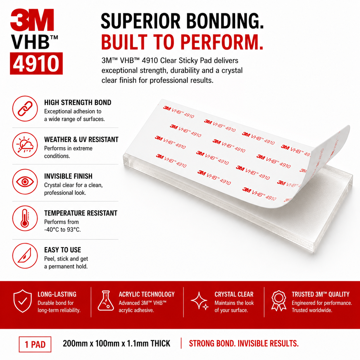 3M VHB 4910 clear mounting pad showing high strength bond, weather resistance, invisible finish and temperature resistance