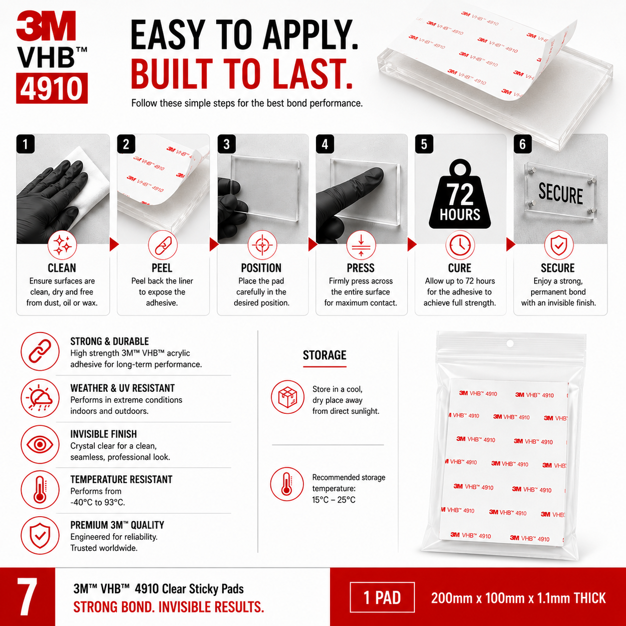 Step by step installation guide for applying a 3M VHB 4910 clear adhesive pad for maximum bond strength and long lasting performance.
