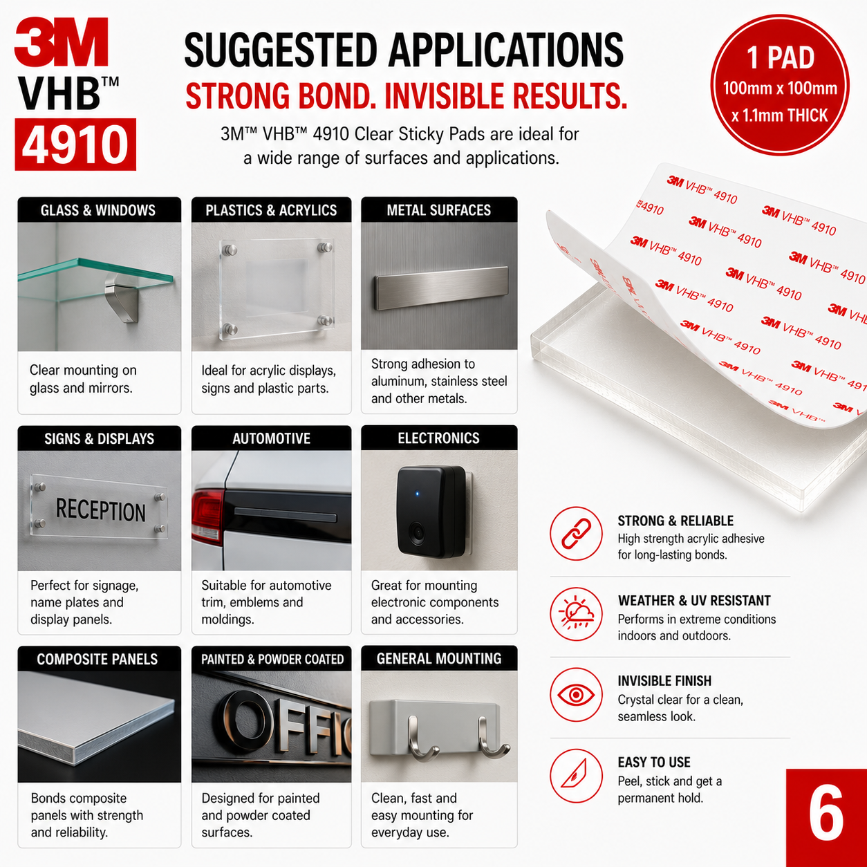 Applications for 3M VHB 4910 clear mounting pads on glass, acrylic, metals, plastics, signs, displays and composite panels.