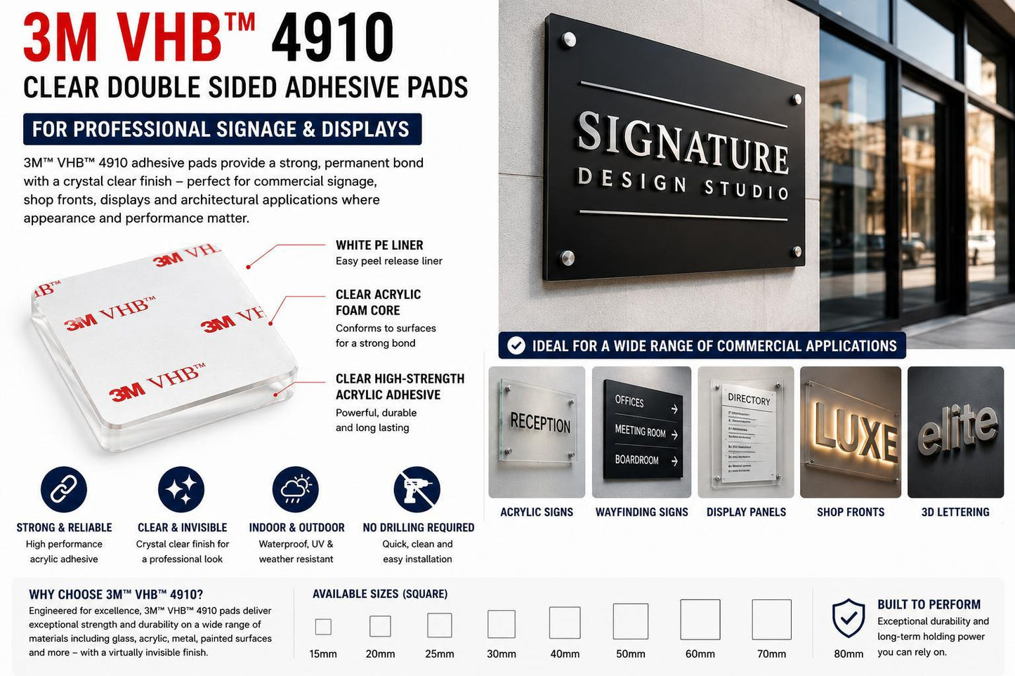 Genuine 3M VHB 4910 clear double sided adhesive pads for invisible mounting of acrylic signs, display panels, shopfront graphics, reception signage and professional commercial displays