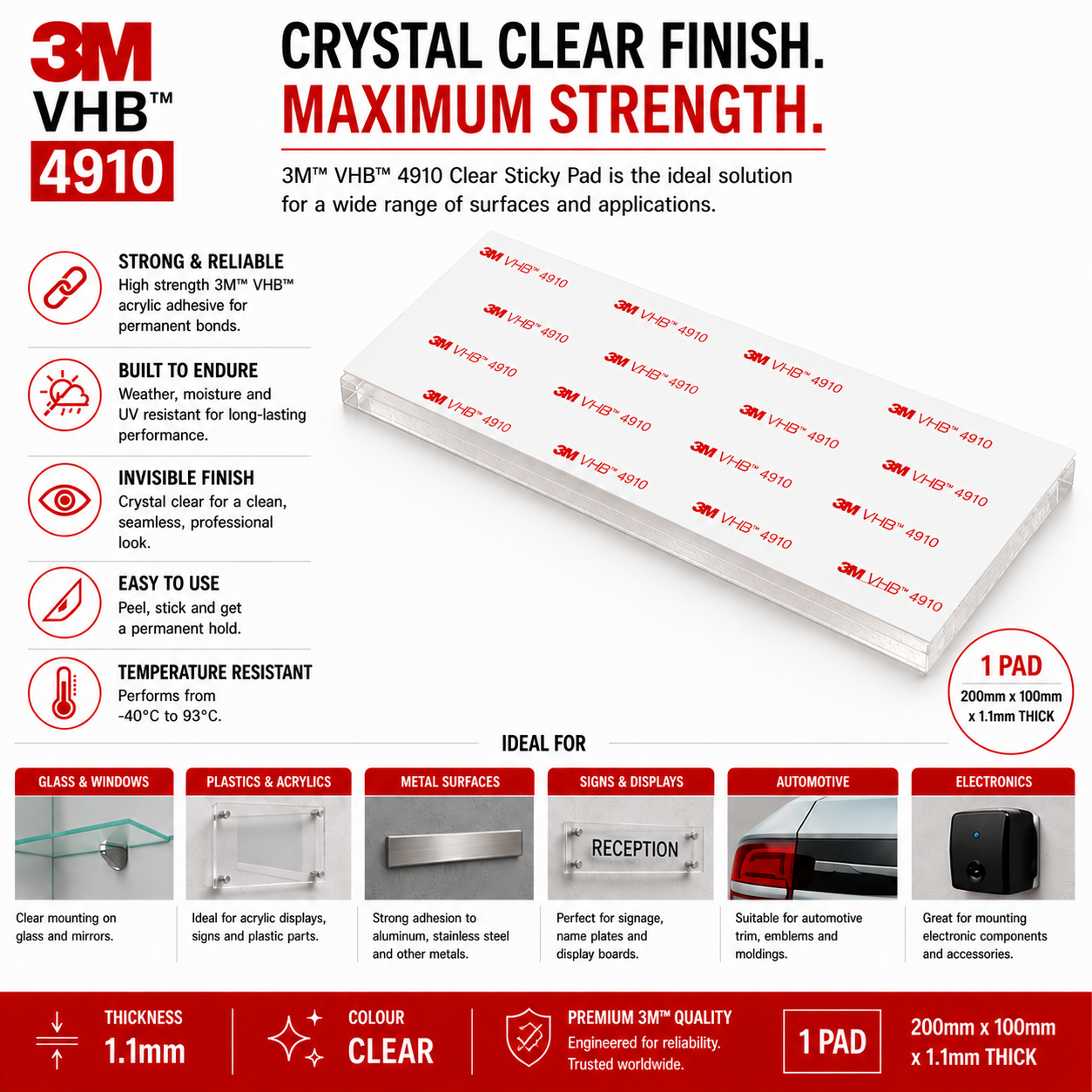 3M VHB 4910 clear double sided adhesive pad suitable for glass, acrylic, plastic, metal, signage and display mounting