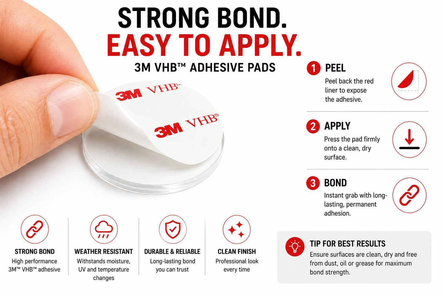 Hand peeling the white 3M VHB liner from a genuine 3M VHB 4910 clear round adhesive pad before applying to a clean surface for a permanent invisible bond.