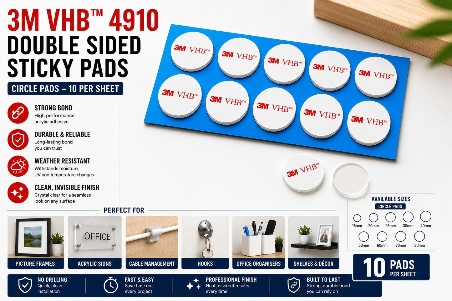 Genuine 3M VHB 4910 clear round adhesive pads ideal for picture frames, acrylic signs, cable management, hooks, office organisers and home décor with an invisible finish.