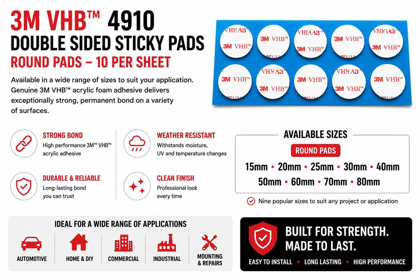 Professional 3M VHB 4910 clear adhesive pads provide an invisible bond for acrylic signs, shopfront displays, commercial branding and architectural signage installations