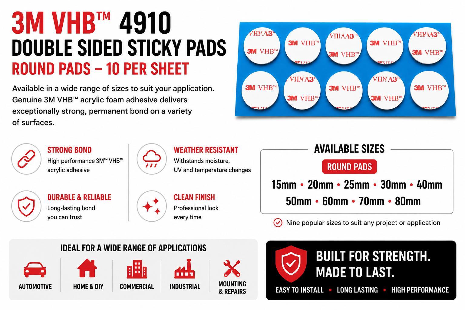 Professional 3M VHB 4910 clear adhesive pads provide an invisible bond for acrylic signs, shopfront displays, commercial branding and architectural signage installations
