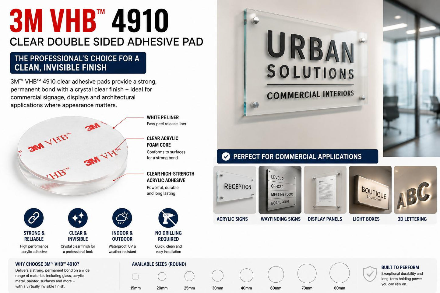 3M VHB 4910 crystal clear acrylic foam adhesive for reception signs, office signs, retail displays, shopfront lettering, display panels and commercial installations.