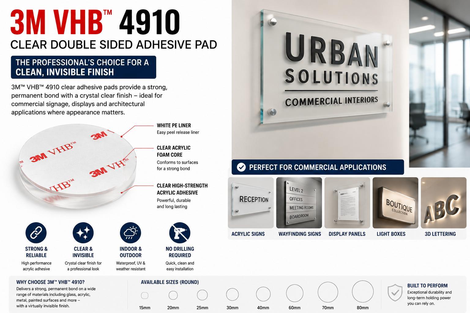 3M VHB 4910 crystal clear acrylic foam adhesive for reception signs, office signs, retail displays, shopfront lettering, display panels and commercial installations.