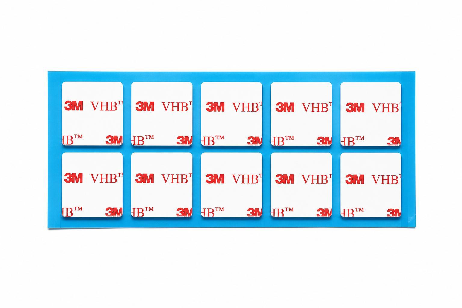 Genuine 3M VHB 4910 clear square double sided sticky pads supplied as a 10 pad sheet with white 3M VHB printed liner. Crystal clear acrylic foam adhesive for home, office, commercial and industrial mounting.
