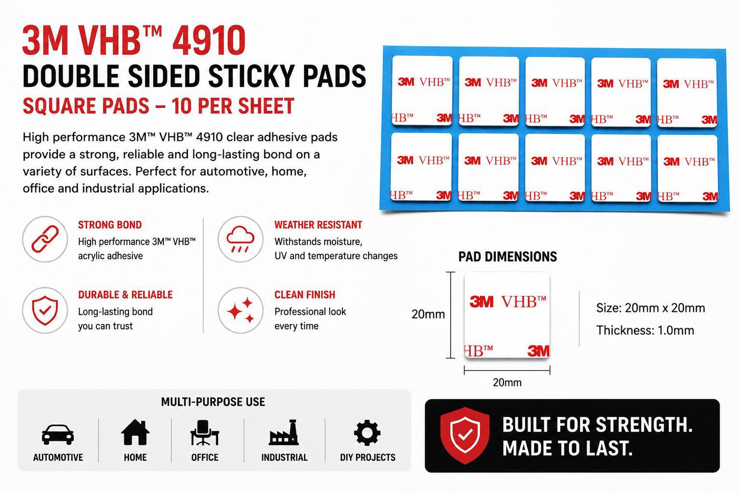 3M VHB 4910 clear square double sided sticky pads available in 15mm, 20mm, 25mm, 30mm, 40mm, 50mm, 60mm, 70mm and 80mm sizes with white 3M VHB liner.