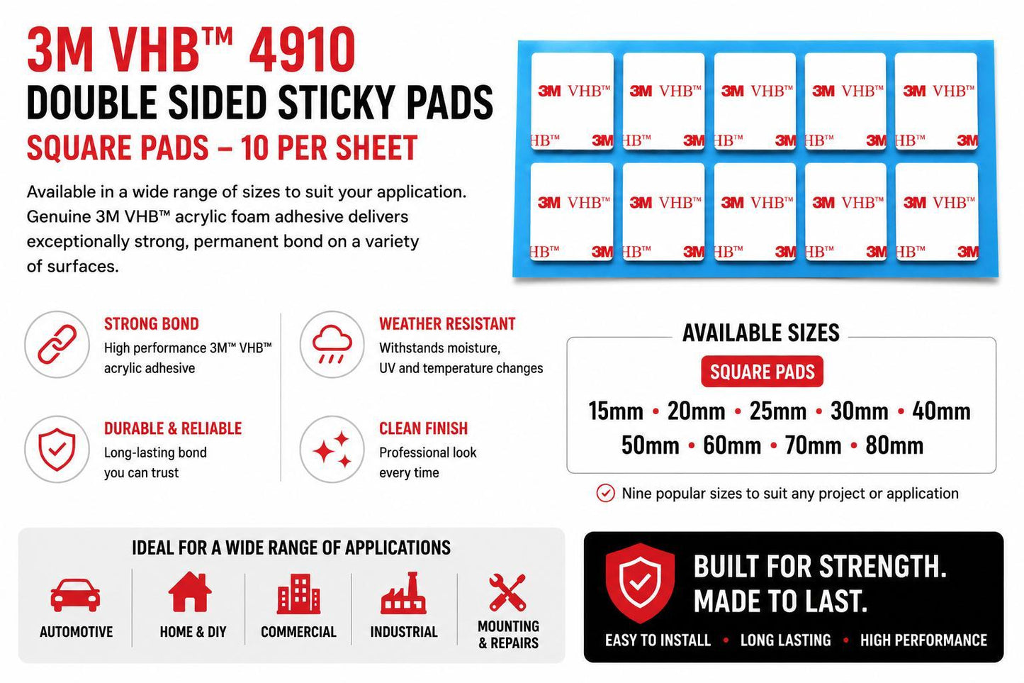 Premium 3M VHB 4910 clear square adhesive pads with ultra strong bond, weather resistance, clean finish and professional mounting for commercial, office and DIY projects