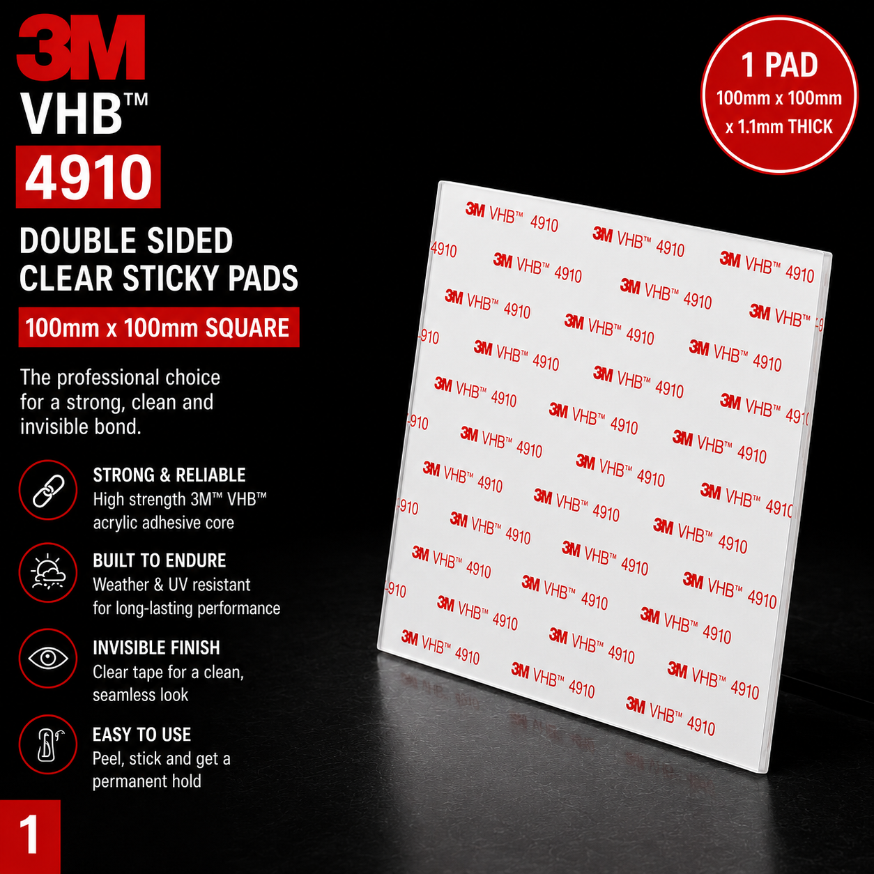 3M VHB 4910 clear double sided sticky pad 100mm x 100mm x 1.1mm with white release liner and red 3M VHB print.