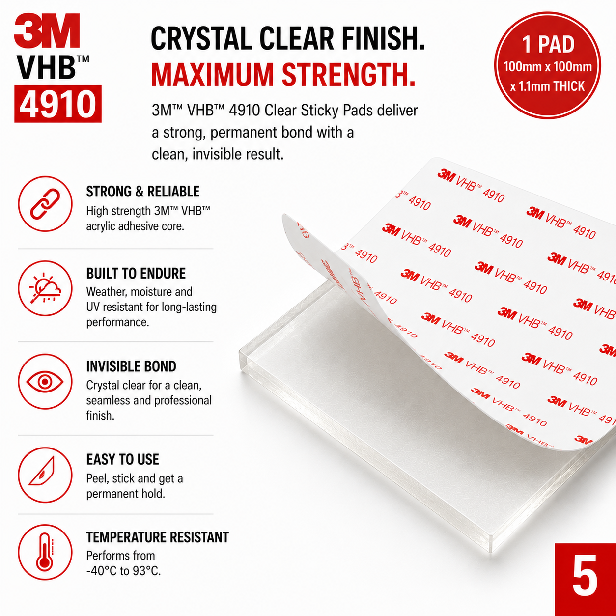 3M VHB 4910 clear sticky pad suitable for glass, acrylic, plastic, mirrors, signage, displays and metal surfaces.