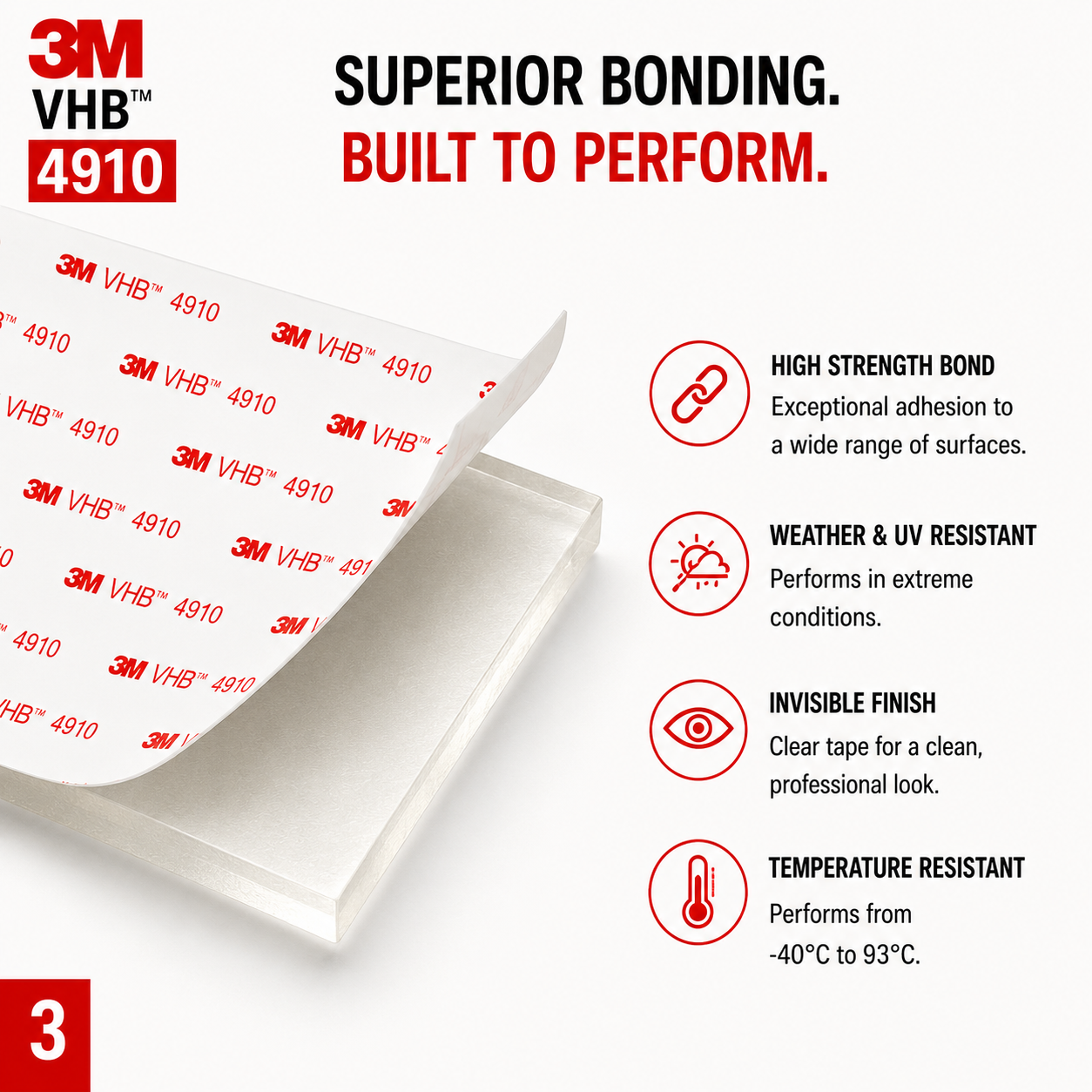 3M VHB 4910 clear double sided adhesive pad showing high strength bond, weather resistance, invisible finish and temperature resistance.