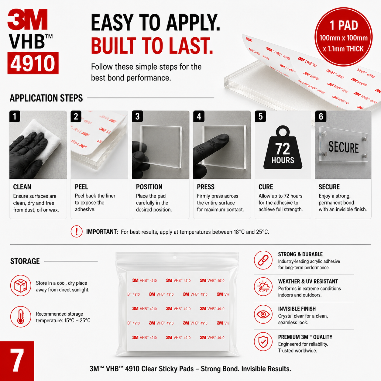 Step by step installation guide for applying 3M VHB 4910 clear double sided adhesive pads for maximum bond strength.