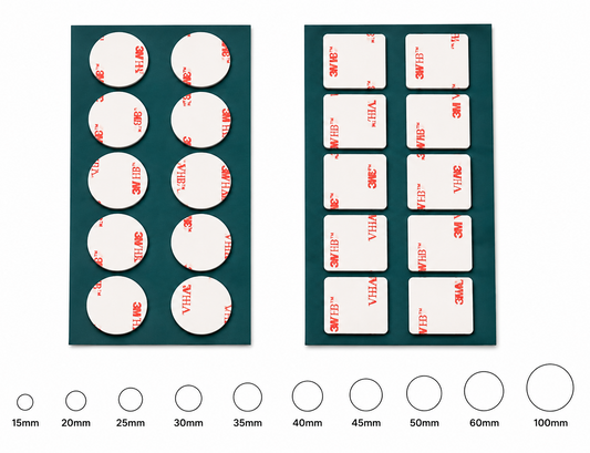3M VHB 4910 clear double sided sticky pads in round and square shapes available in sizes from 15mm to 100mm
