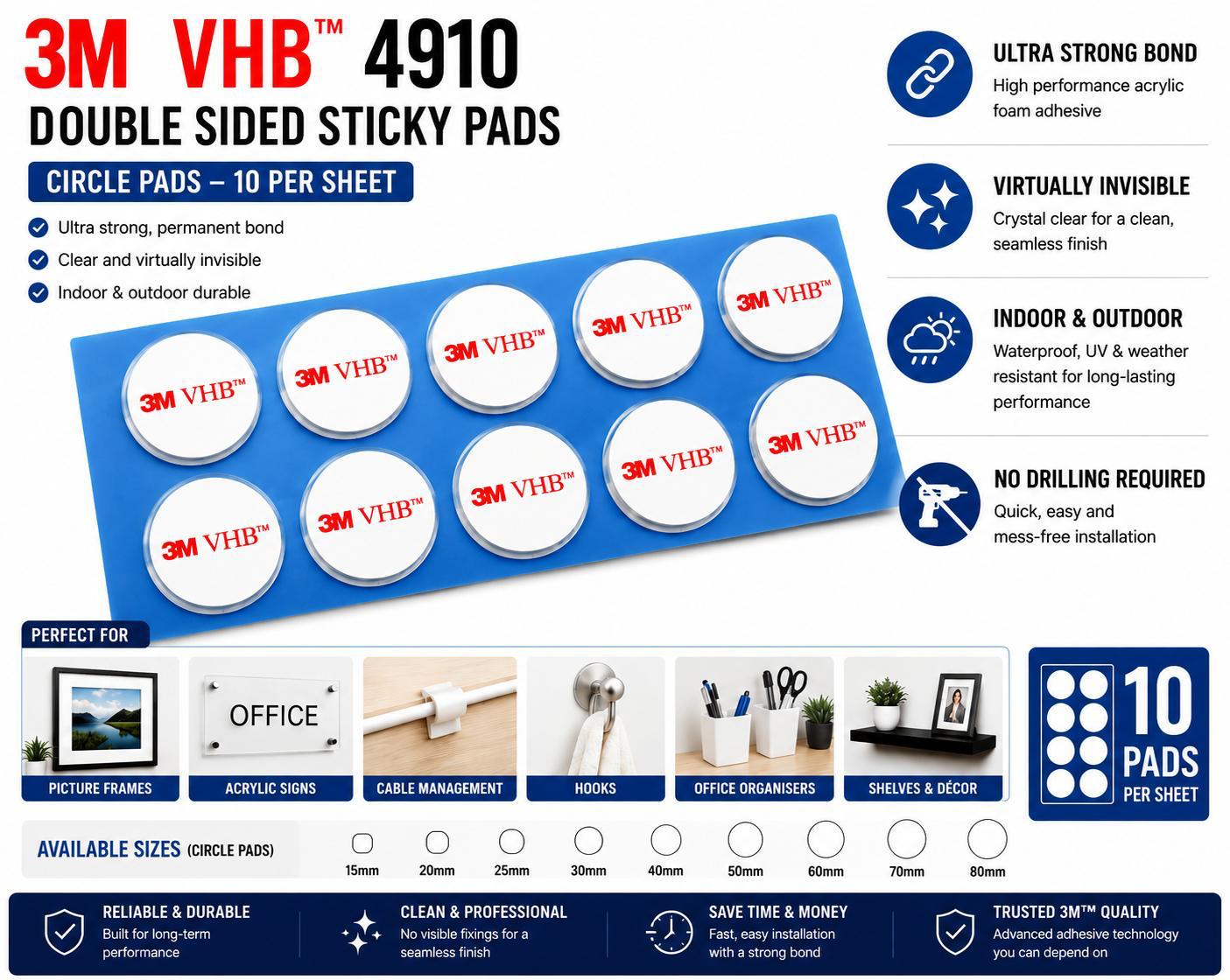 3M VHB 4910 clear double sided adhesive pads for commercial signage, acrylic reception signs, wayfinding signs, display panels and premium architectural mounting