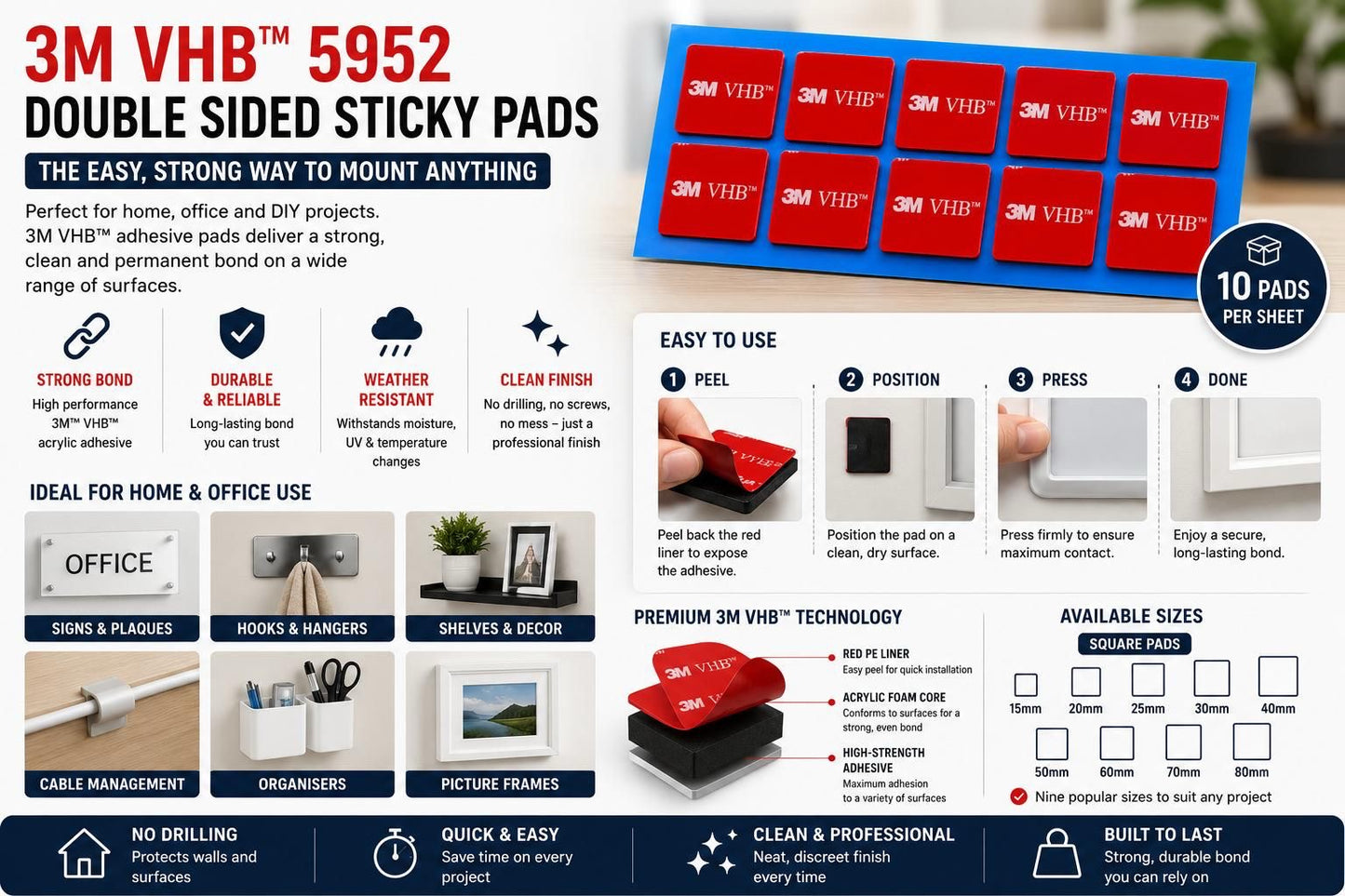 Genuine 3M VHB 5952 black round double sided sticky pads supplied as a 10 pad sheet on a blue backing liner for home, office, DIY and industrial mounting.