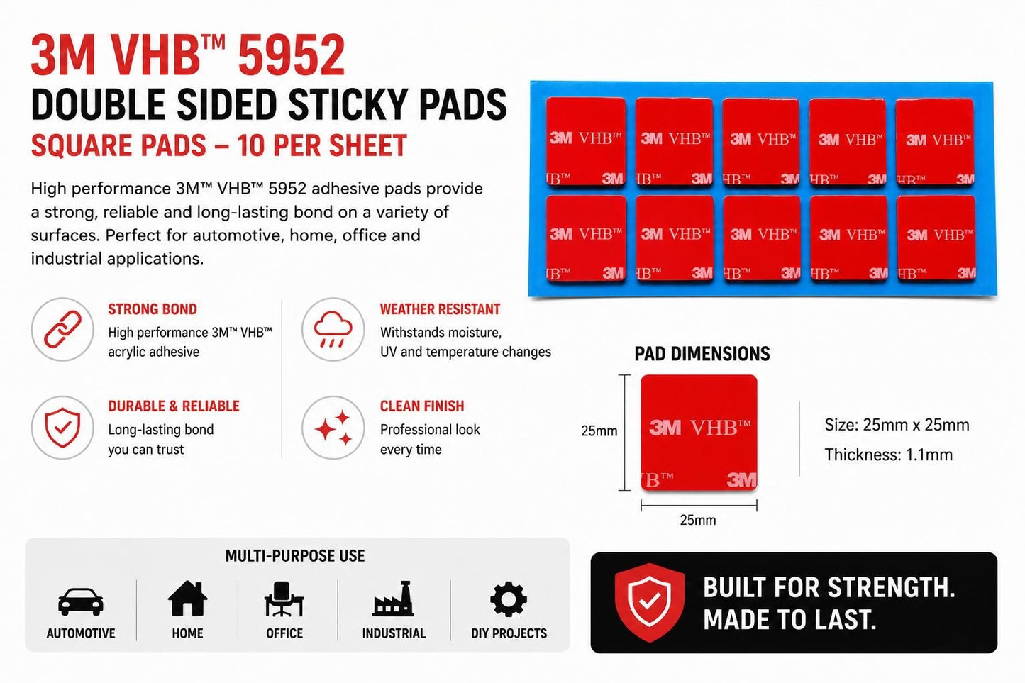 3M VHB 5952 black sticky pads for home, office and DIY mounting including signs, hooks, picture frames, cable clips and organisers.