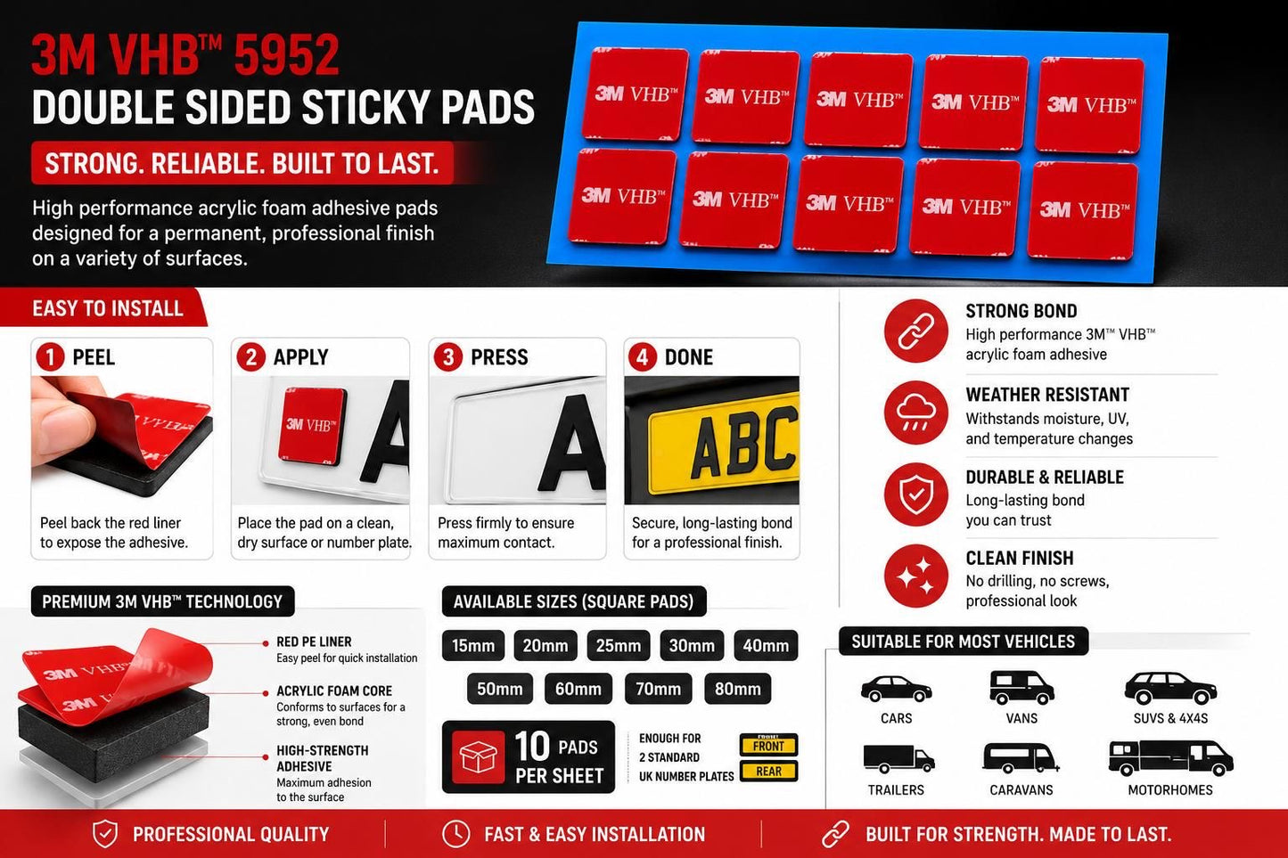 Pack of ten genuine 3M VHB 5952 black square double sided sticky pads with red 3M VHB liner on a blue backing sheet.