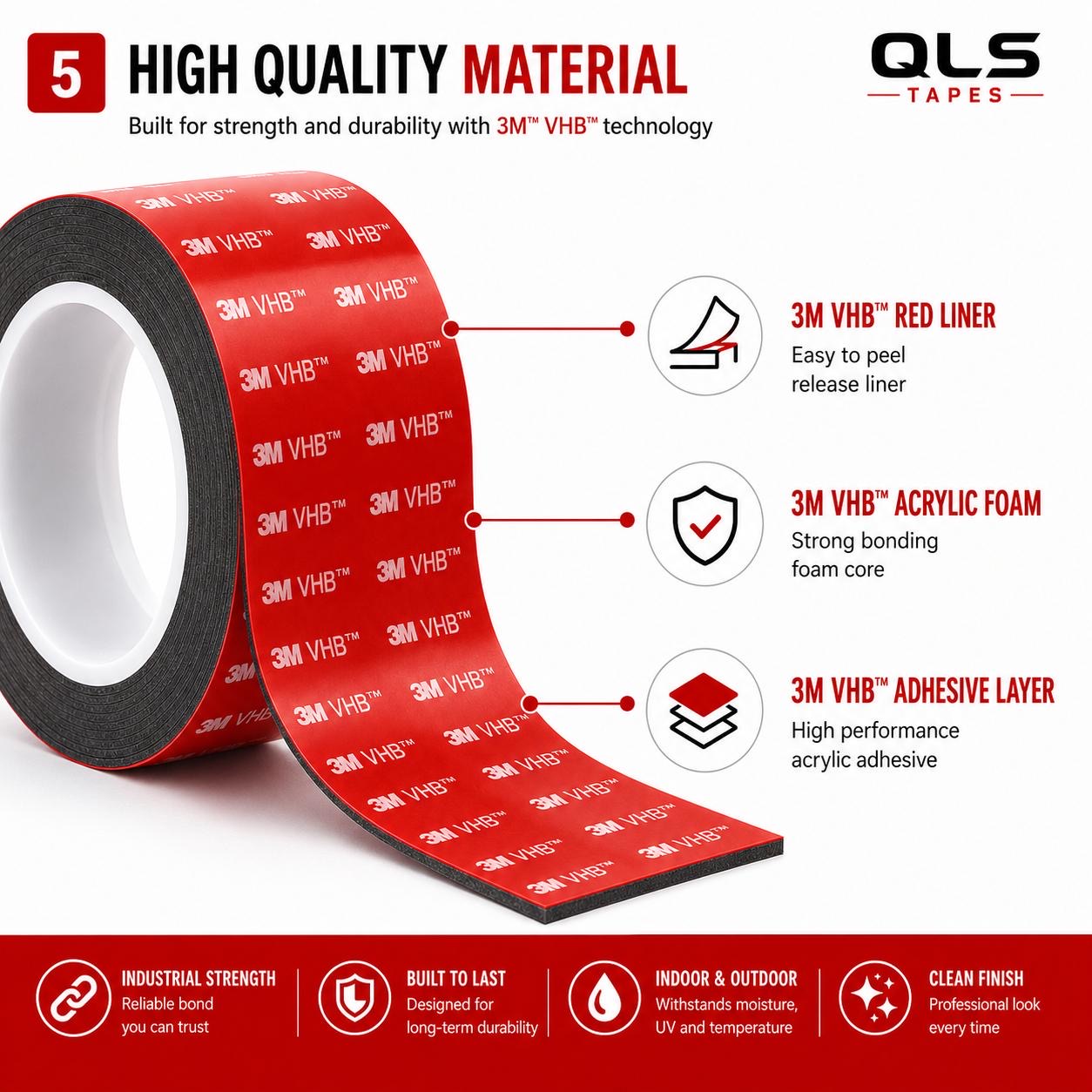 Cross section of 3M VHB black double sided tape showing red release liner, acrylic foam core and high performance adhesive layer.