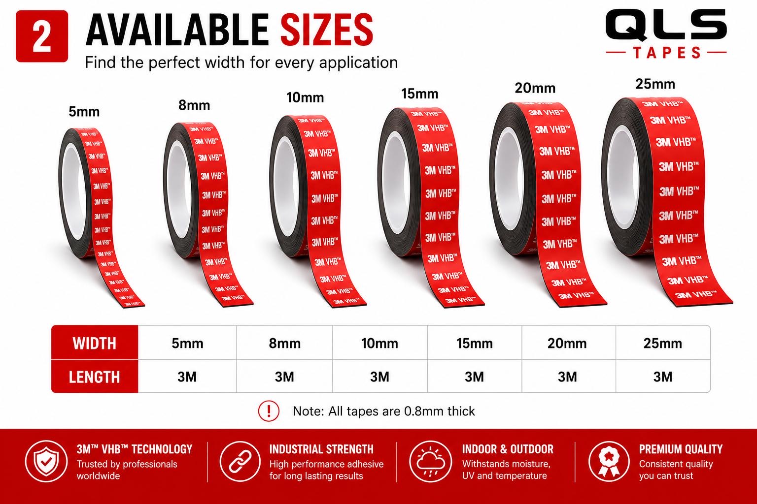 Available sizes of 3M VHB black double sided tape including 5mm, 8mm, 10mm, 15mm, 20mm and 25mm widths.