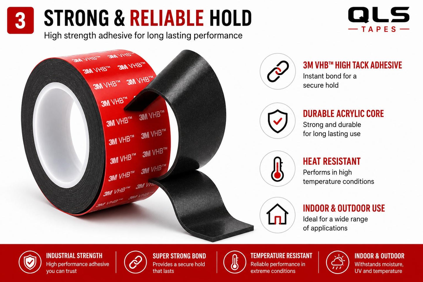 3M VHB black double sided acrylic foam tape with high tack adhesive, heat resistance and long-lasting indoor and outdoor performance.