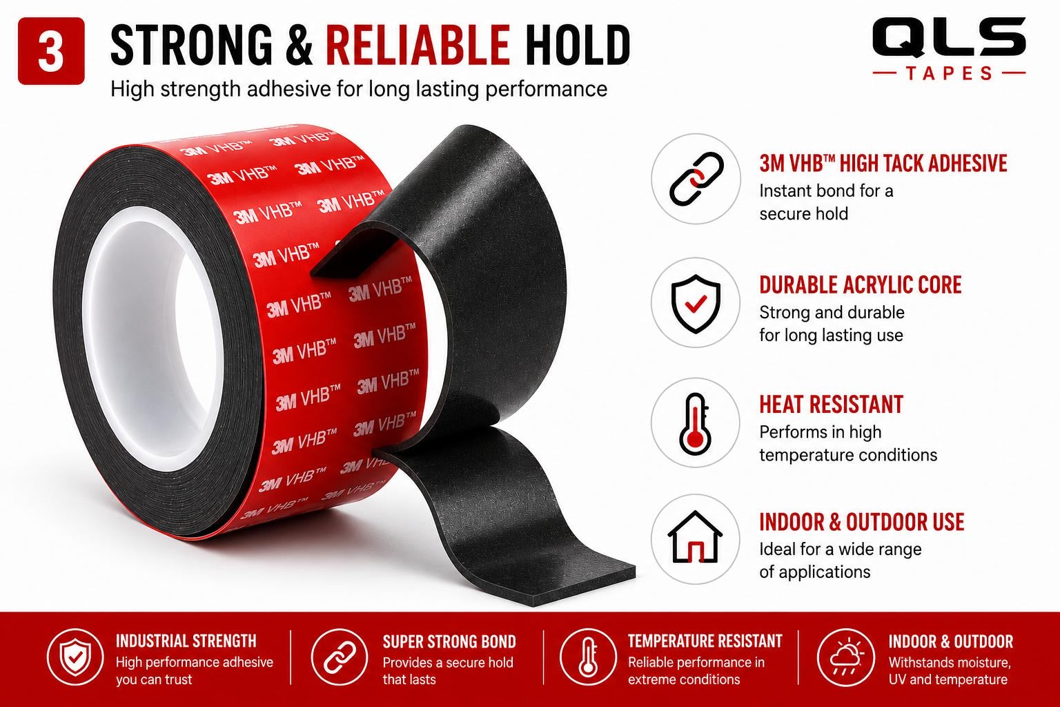 3M VHB black double sided acrylic foam tape with high tack adhesive, heat resistance and long-lasting indoor and outdoor performance.