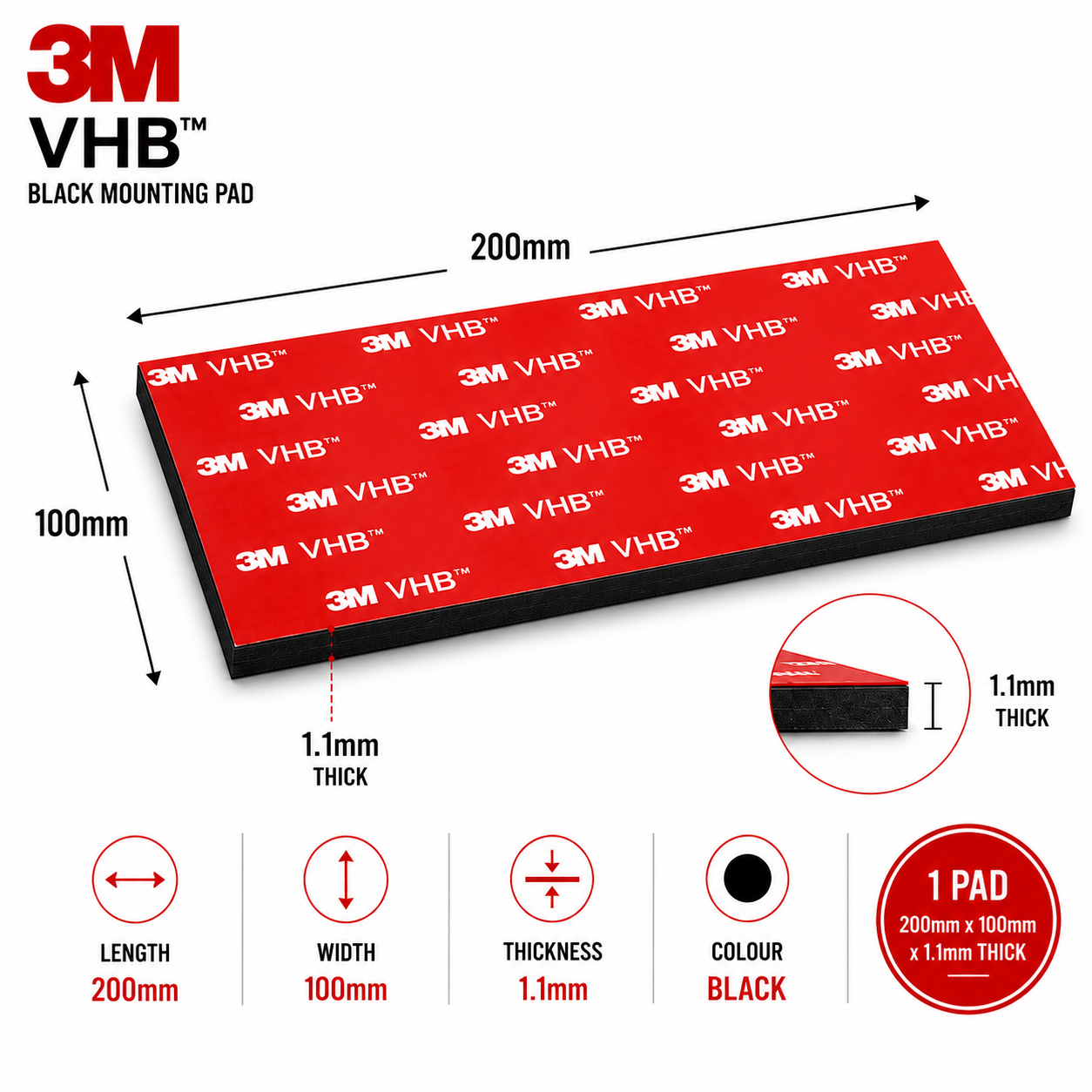 3M VHB black mounting pad dimensions showing 200mm length, 100mm width and 1.1mm thickness.