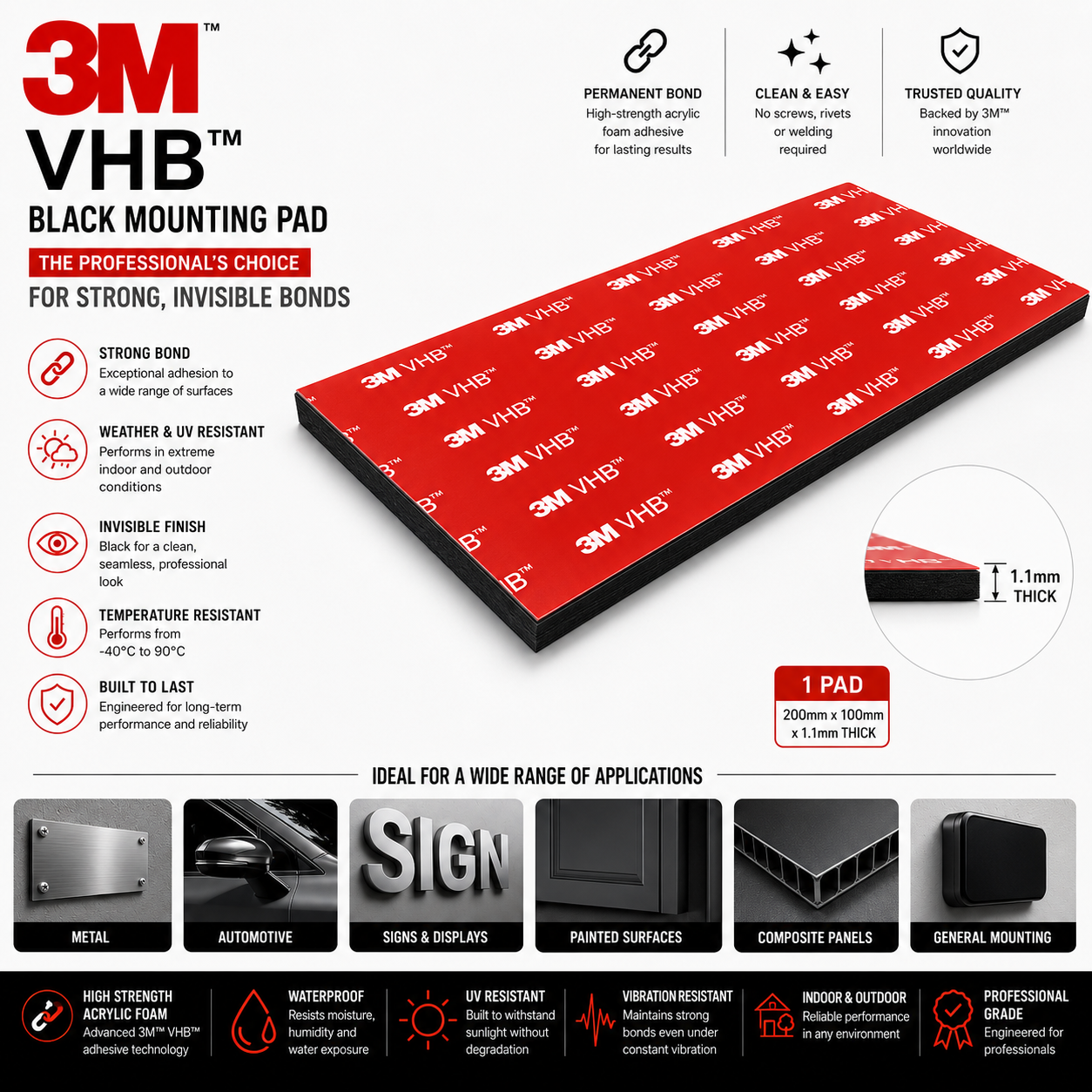 3M VHB black mounting pad 200mm x 100mm x 1.1mm heavy-duty acrylic foam adhesive pad with permanent bond.
