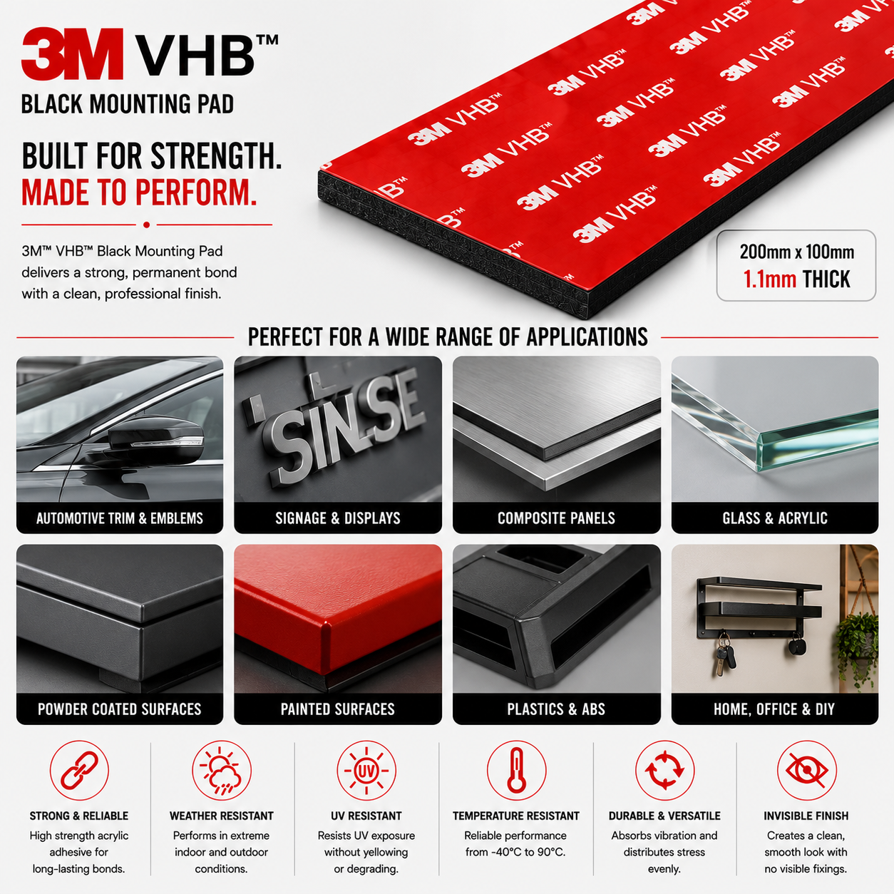 3M VHB black mounting pad suitable for automotive trim, signage, composite panels, glass, plastics, painted and powder-coated surfaces.