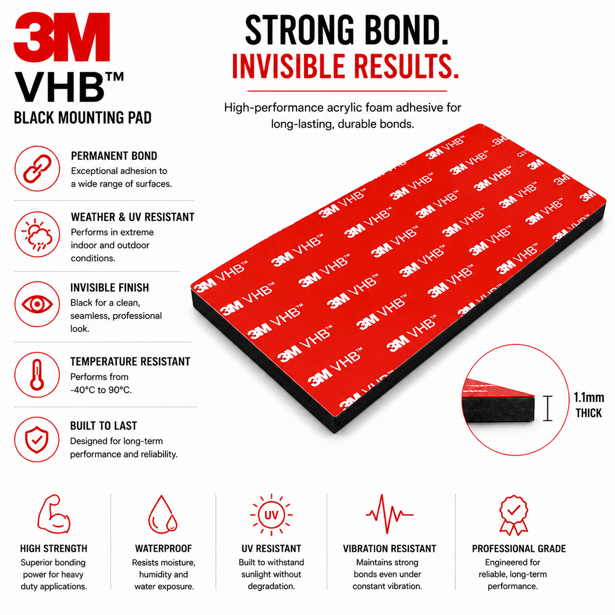 3M VHB black mounting pad with high-strength acrylic foam adhesive for durable, invisible mounting applications