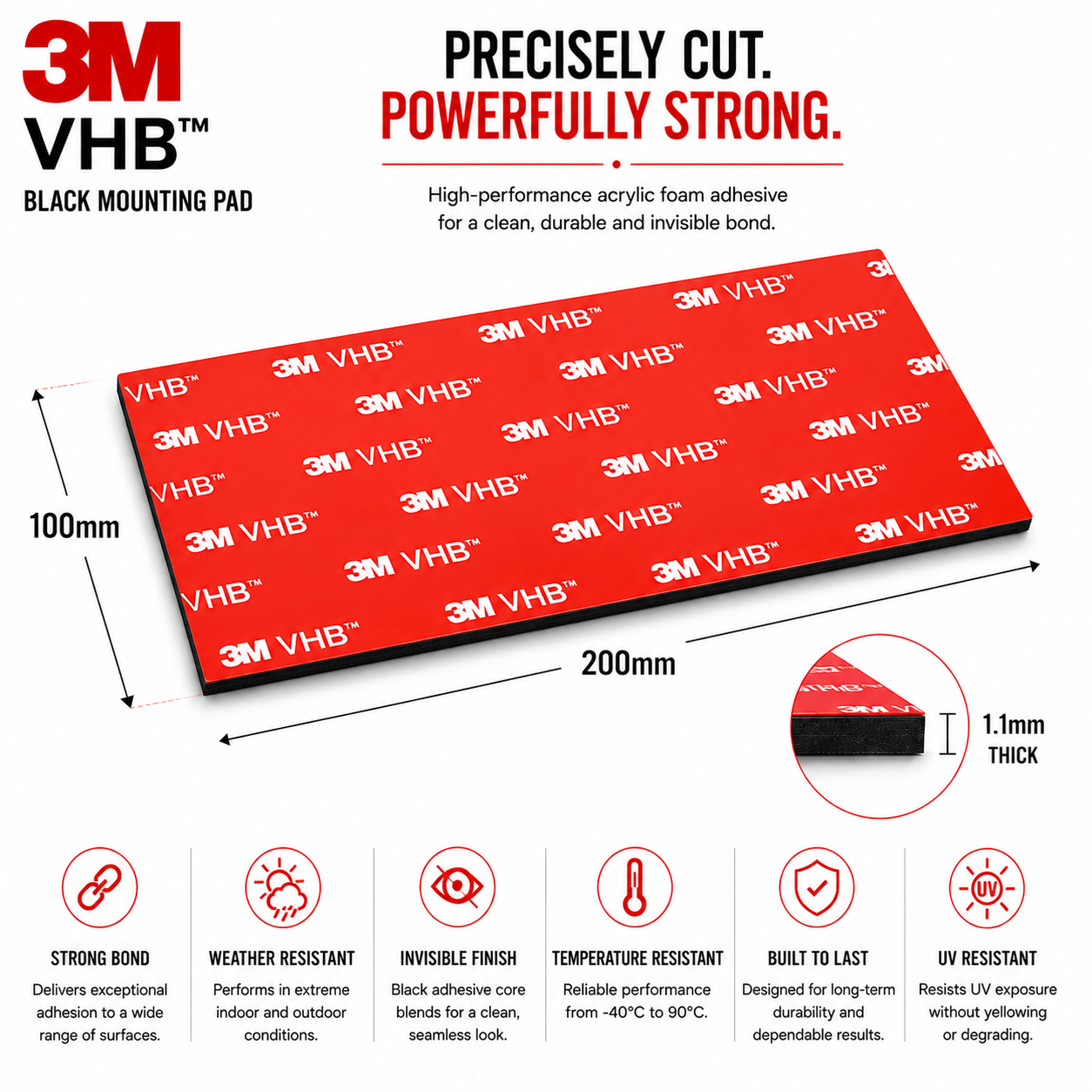 Precision-cut 3M VHB black mounting pad 200mm x 100mm x 1.1mm for clean, professional adhesive bonding