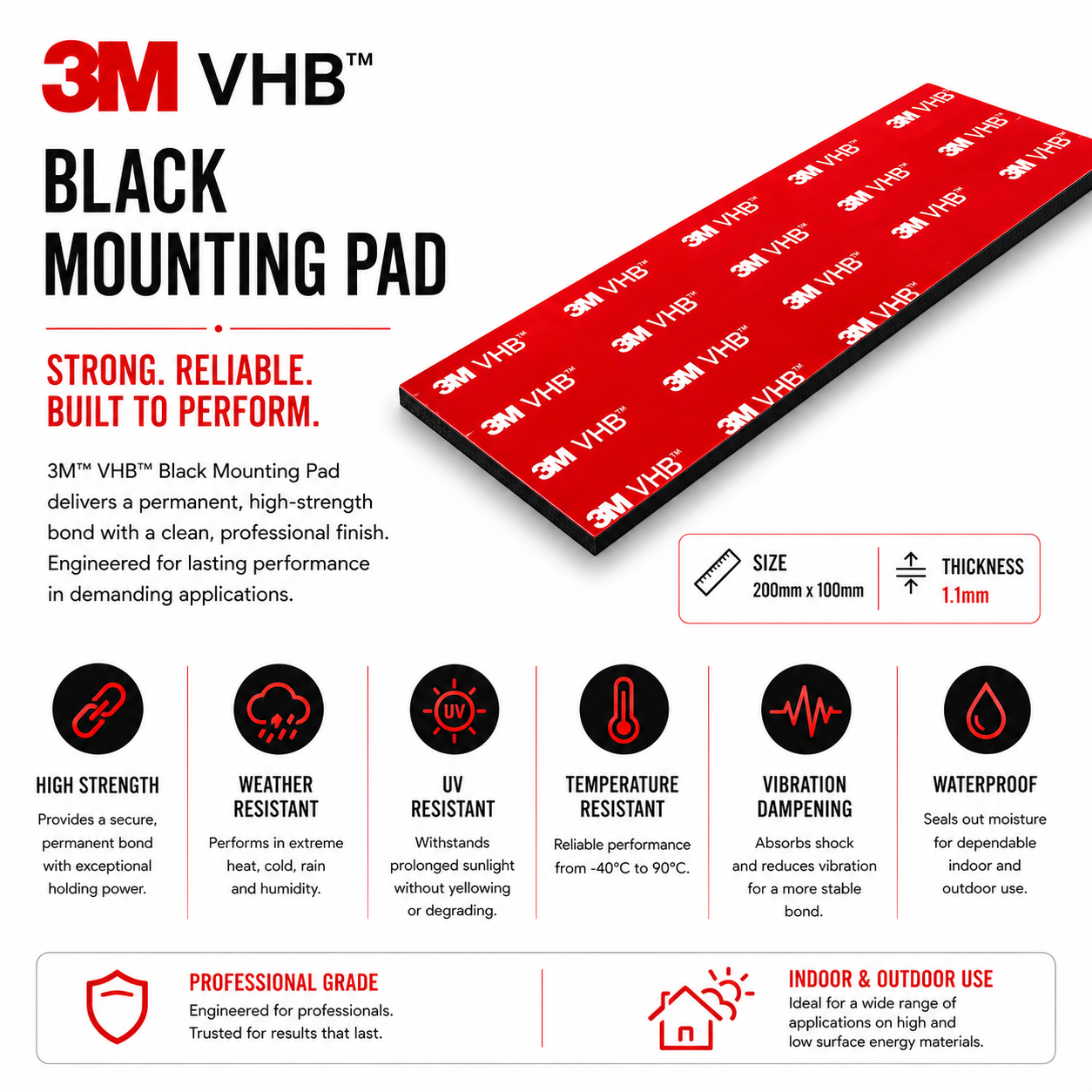 3M VHB black mounting pad compared with traditional fixings, providing strong invisible bonding without drilling or screws.