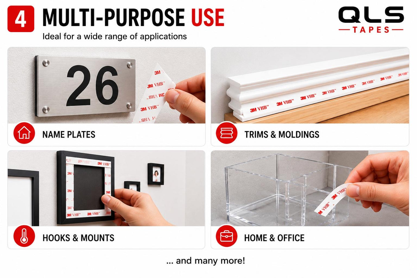 3M VHB clear double sided tape used for house numbers, trims, mouldings, picture frames and home organisation.