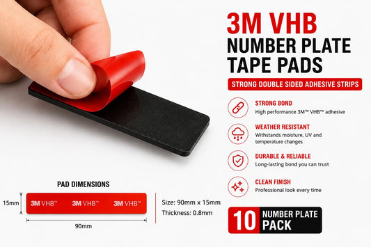Hand peeling the liner from a genuine 3M VHB 90mm x 15mm number plate tape pad, showing the easy-peel release liner and high-strength adhesive.