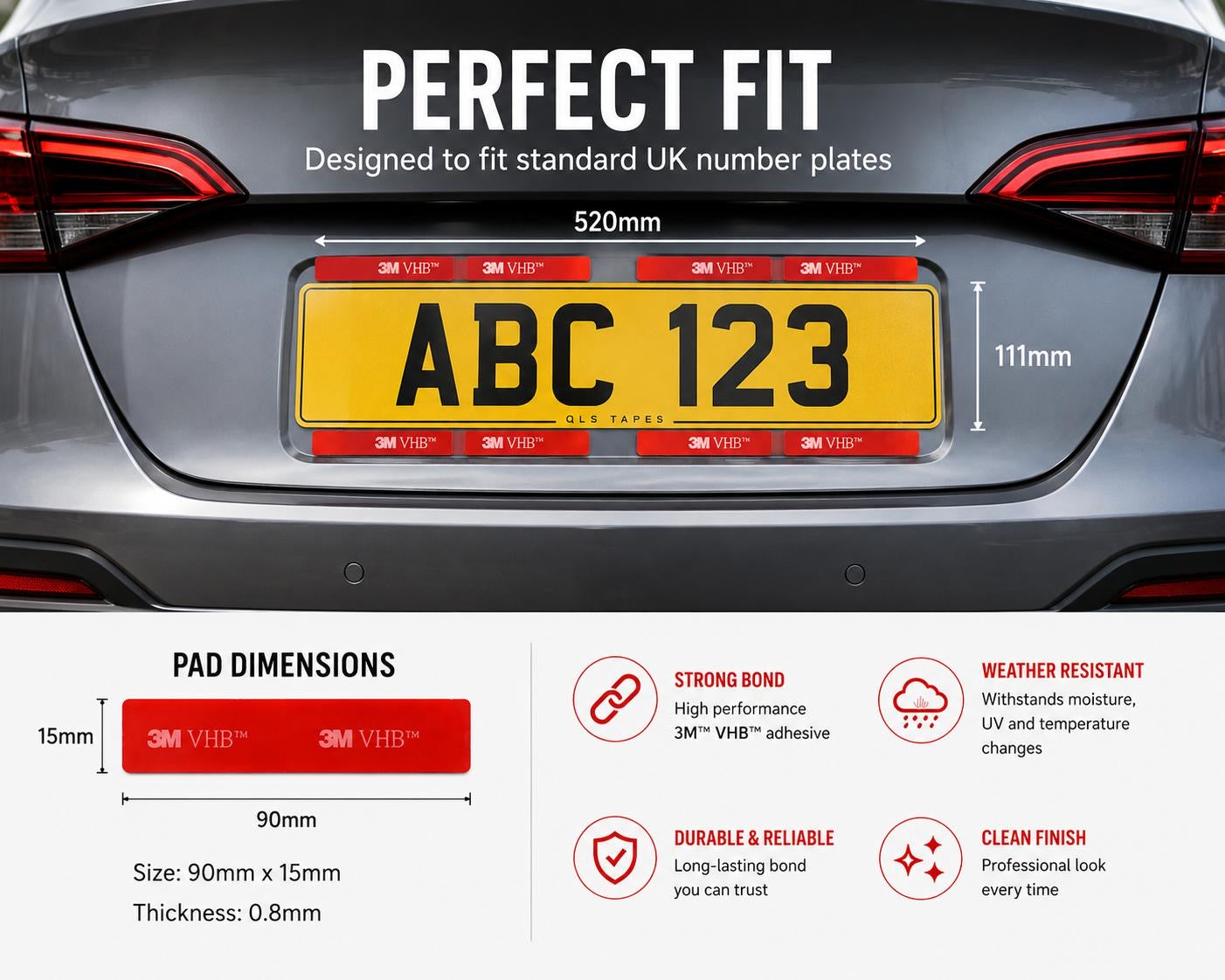 3M VHB number plate tape pads fitted to a standard UK number plate showing the correct 90mm x 15mm pad dimensions and mounting position.