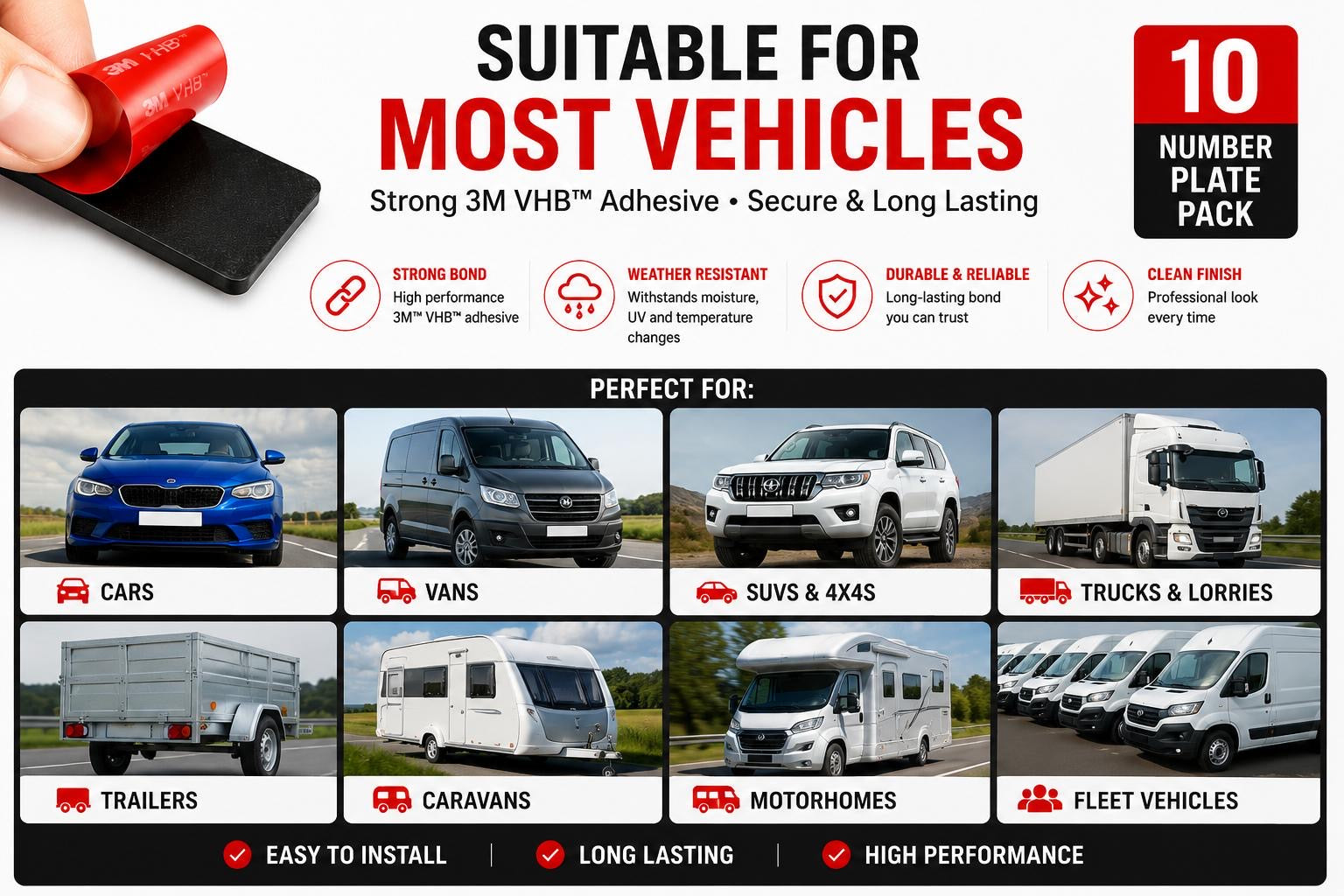 3M VHB number plate tape pads suitable for cars, vans, SUVs, trailers, caravans, motorhomes and fleet vehicles.