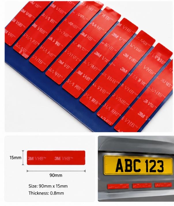 3M VHB number plate tape pads installed on a UK number plate with strong weather-resistant adhesive for long-lasting mounting.