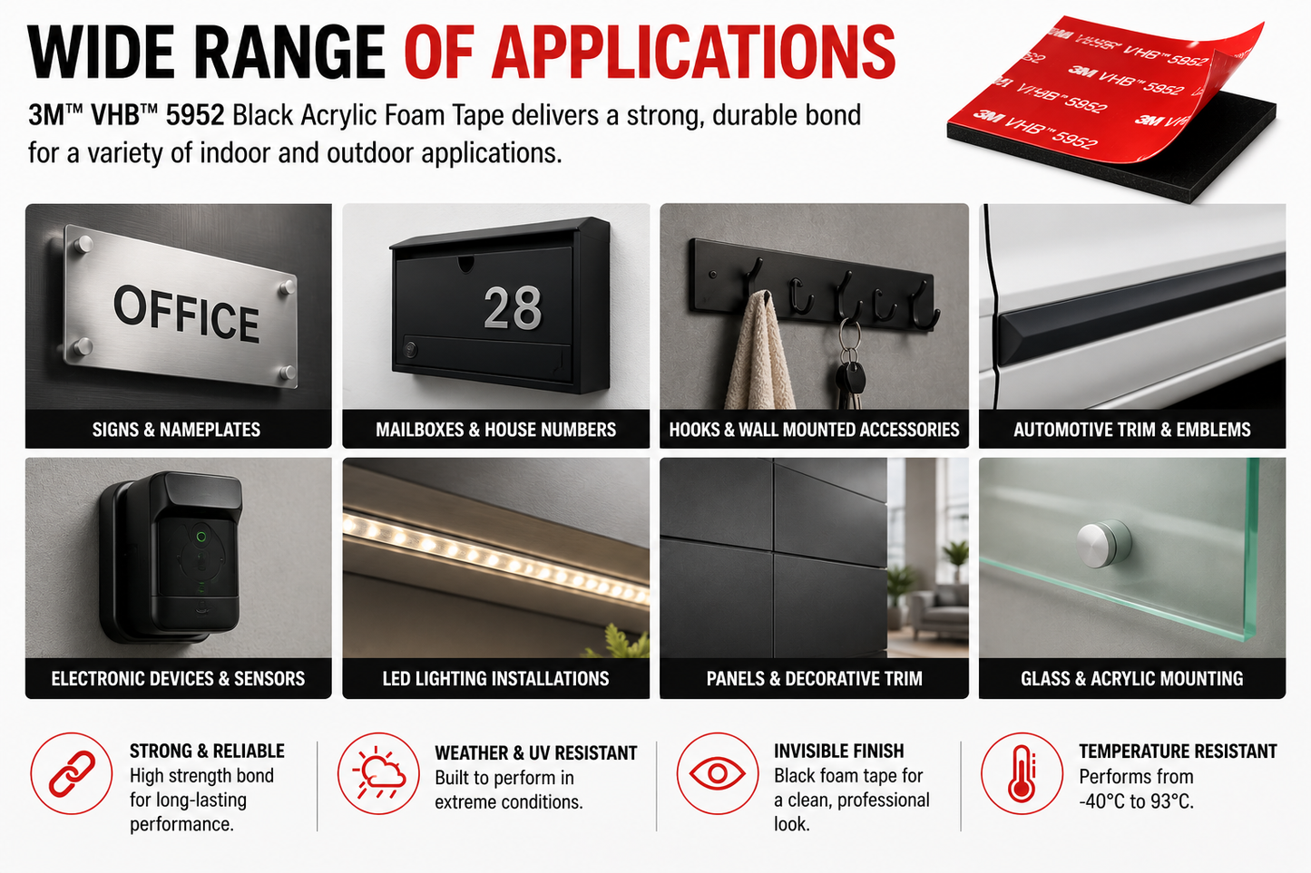 An infographic banner showcasing the wide range of applications for 3M VHB 5952 black acrylic foam tape. The layout features a grid of eight panels demonstrating use cases such as signs, house numbers, hooks, automotive emblems, and electronic devices, alongside text highlighting its strong reliability, weather resistance, and invisible finish.