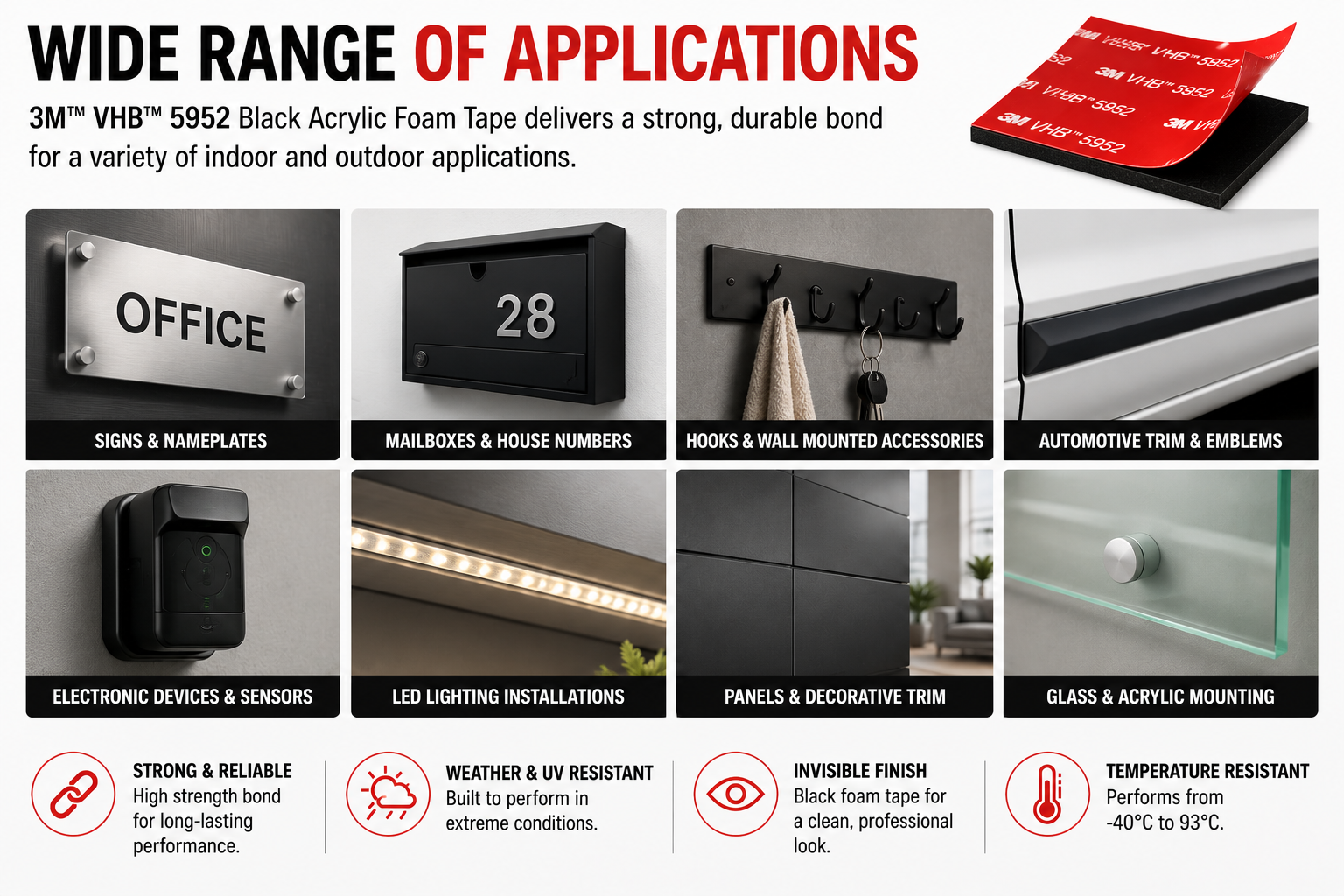 An infographic banner showcasing the wide range of applications for 3M VHB 5952 black acrylic foam tape. The layout features a grid of eight panels demonstrating use cases such as signs, house numbers, hooks, automotive emblems, and electronic devices, alongside text highlighting its strong reliability, weather resistance, and invisible finish.