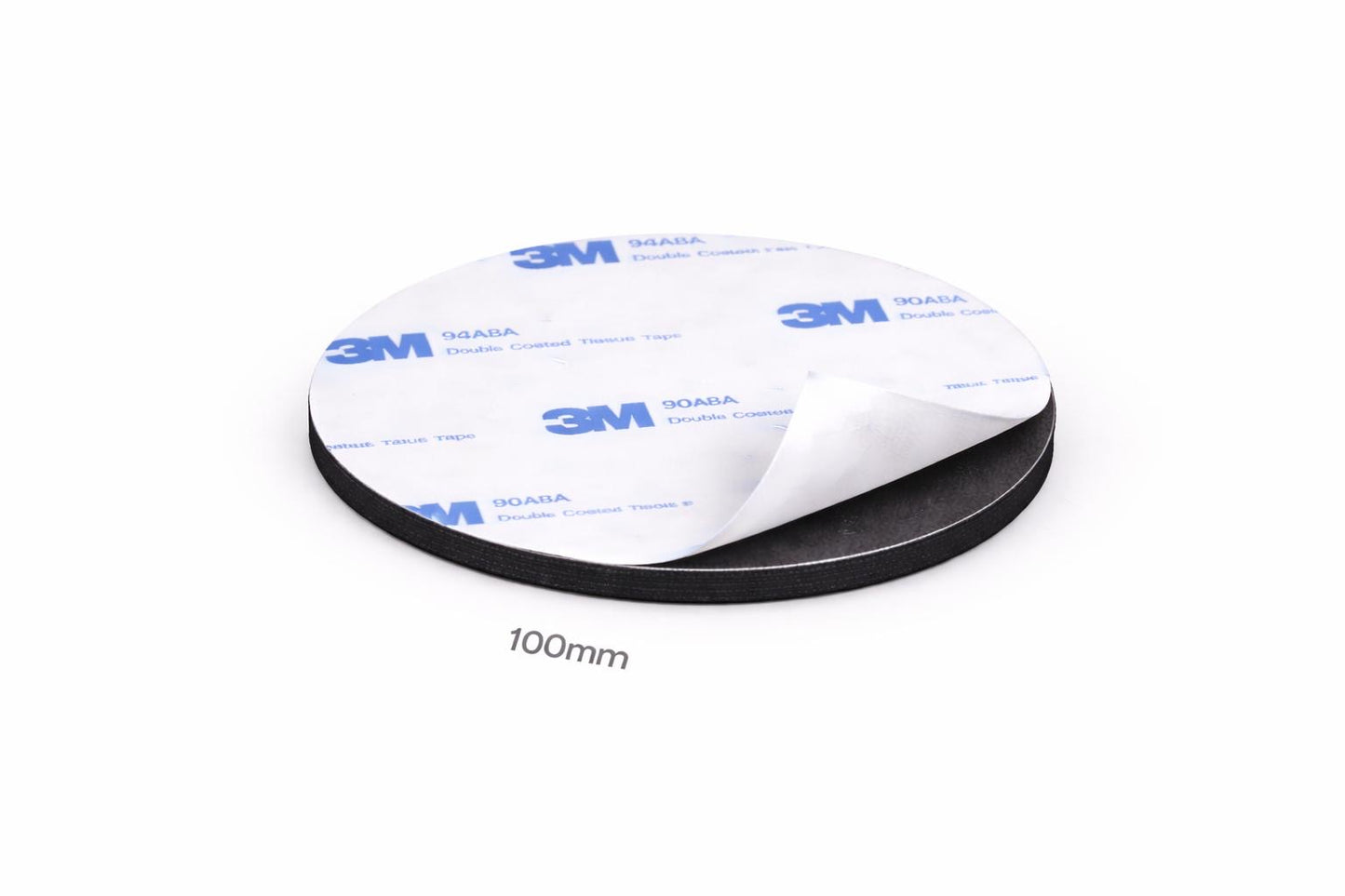 Circle of 3M adhesive black material with dimensions 100mm x100mm on a white background