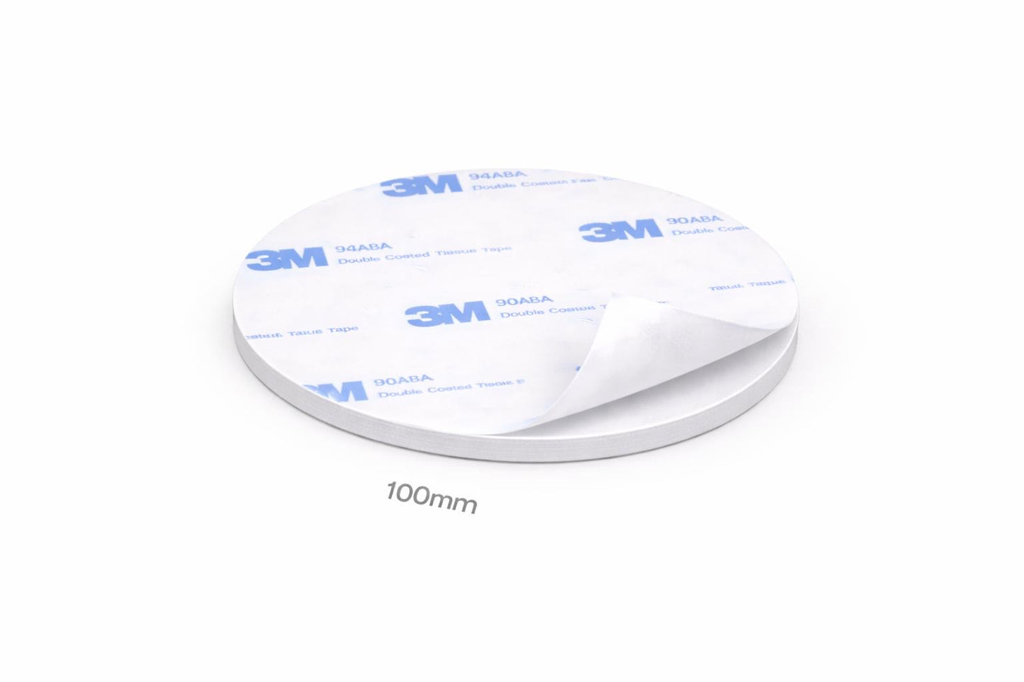 Circle of 3M adhesive white material with dimensions 100mm x 100mm on a white background