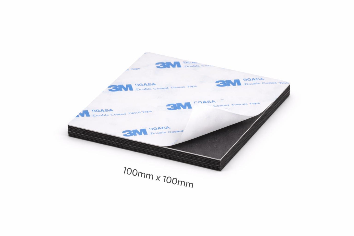 Sheet of 3M adhesive material with dimensions 100mm x 100mm on a white background