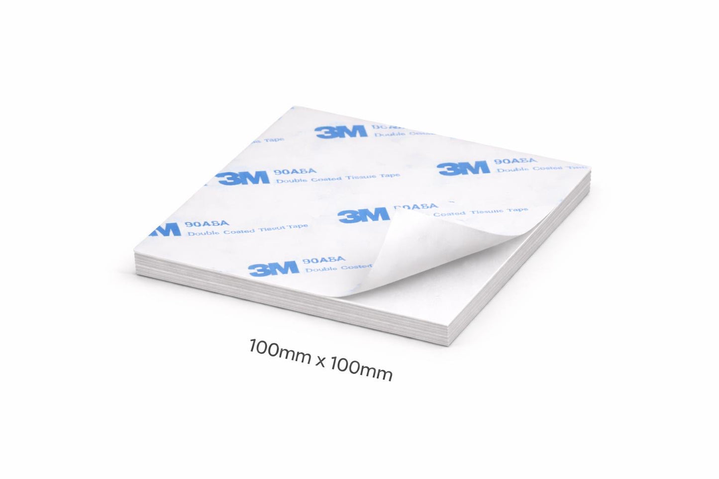 Sheet of 3M adhesive material with dimensions 100mm x 100mm on a white background